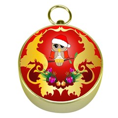 Funny, Cute Christmas Owl  With Christmas Hat Gold Compasses by FantasyWorld7