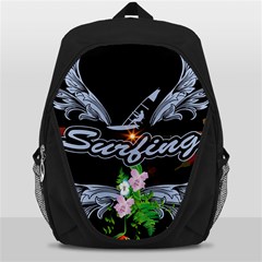 Surfboarder With Damask In Blue On Black Bakcground Backpack Bag by FantasyWorld7