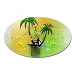 Surfing, Surfboarder With Palm And Flowers And Decorative Floral Elements Oval Magnet Front