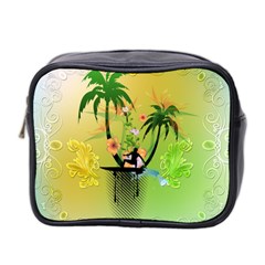 Surfing, Surfboarder With Palm And Flowers And Decorative Floral Elements Mini Toiletries Bag 2-side by FantasyWorld7