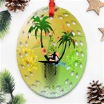 Surfing, Surfboarder With Palm And Flowers And Decorative Floral Elements Oval Filigree Ornament (2-Side)  Front