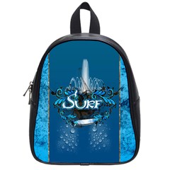 Surf, Surfboard With Water Drops On Blue Background School Bags (small)  by FantasyWorld7