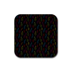 Whimsical Feather Pattern, Bright Pink Red Blue Green Yellow, Rubber Coaster (square) by Zandiepants