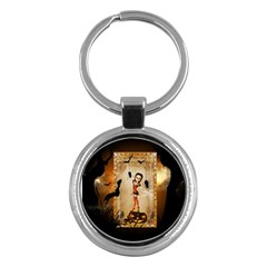 Halloween, Cute Girl With Pumpkin And Spiders Key Chains (round)  by FantasyWorld7