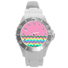 Easter Chevron Pattern Stripes Round Plastic Sport Watch (l) by Nexatart