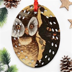 Owl And Black Cat Oval Filigree Ornament (two Sides) by Nexatart