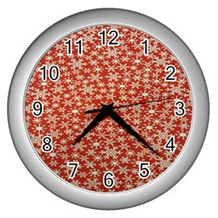 Holiday Snow Snowflakes Red Wall Clocks (silver)  by Nexatart