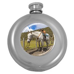 White Horse Tied Up At Cotopaxi National Park Ecuador Round Hip Flask (5 Oz) by dflcprints