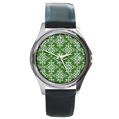 St Patrick S Day Damask Vintage Green Background Pattern Round Metal Watch by Simbadda