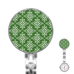 St Patrick S Day Damask Vintage Green Background Pattern Stainless Steel Nurses Watch by Simbadda