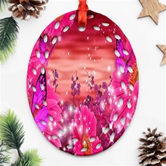 Flowers Neon Stars Glow Pink Sakura Gerberas Sparkle Shine Daisies Bright Gerbera Butterflies Sunris Oval Filigree Ornament (two Sides) by Simbadda