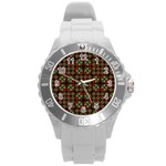 Asian Ornate Patchwork Pattern Round Plastic Sport Watch (L) Front