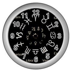 Astrology Chart With Signs And Symbols From The Zodiac Gold Colors Wall Clocks (silver)  by Amaryn4rt