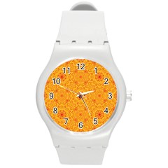 Solar Mandala  Orange Rangoli  Round Plastic Sport Watch (m) by bunart