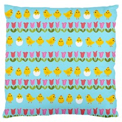 Easter - Chick And Tulips Large Flano Cushion Case (one Side) by Valentinaart