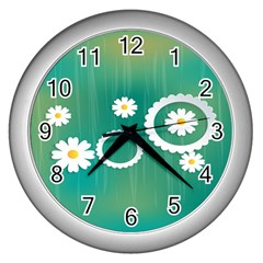 Sunflower Sakura Flower Floral Circle Green Wall Clocks (silver)  by Mariart