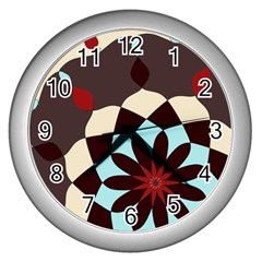 Red And Black Flower Pattern Wall Clocks (silver)  by digitaldivadesigns