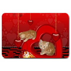 Cute, Playing Kitten With Hearts Large Doormat  by FantasyWorld7