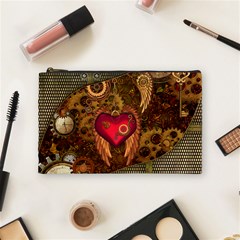 Steampunk Golden Design, Heart With Wings, Clocks And Gears Cosmetic Bag (medium)  by FantasyWorld7