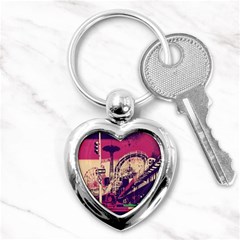 Pink City Retro Vintage Futurism Art Key Chains (heart)  by BangZart