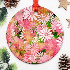 Pink Flowers Floral Pattern Round Ornament (two Sides) by paulaoliveiradesign