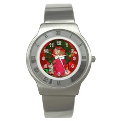 Christmas, Funny Kitten With Gifts Stainless Steel Watch by FantasyWorld7