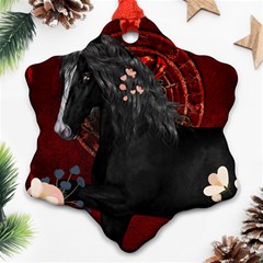 Awesmoe Black Horse With Flowers On Red Background Ornament (snowflake) by FantasyWorld7