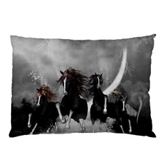 Awesome Wild Black Horses Running In The Night Pillow Case by FantasyWorld7