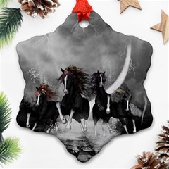 Awesome Wild Black Horses Running In The Night Snowflake Ornament (two Sides) by FantasyWorld7