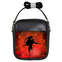 Dancing Couple On Red Background With Flowers And Hearts Girls Sling Bags by FantasyWorld7