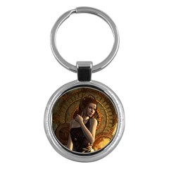 Wonderful Steampunk Women With Clocks And Gears Key Chains (round)  by FantasyWorld7