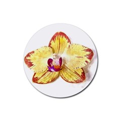 Yellow Phalaenopsis Flower, Floral Aquarel Watercolor Painting Art Rubber Coaster (round)  by picsaspassion