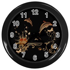 Wonderful Dolphins And Flowers, Golden Colors Wall Clocks (black) by FantasyWorld7