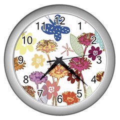 Flowers Butterflies Dragonflies Wall Clocks (silver)  by Celenk