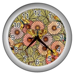 Flower Butterfly Cubism Mosaic Wall Clocks (silver)  by Nexatart