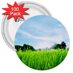 Green Landscape, Green Grass Close Up Blue Sky And White Clouds 3  Buttons (100 Pack)  by Sapixe