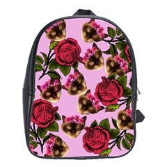 Lazy Cat Floral Pattern Pink School Bag (large) by snowwhitegirl