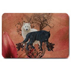 Awesome Black And White Wolf Large Doormat  by FantasyWorld7