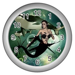 Wonderful Dark Mermaid With Awesome Orca Wall Clock (silver) by FantasyWorld7