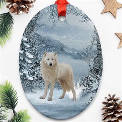 Wonderful Arctic Wolf In The Winter Landscape Ornament (oval) by FantasyWorld7