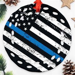 Usa Flag The Thin Blue Line I Back The Blue Usa Flag Grunge On Black Background Ornament (round Filigree) by snek