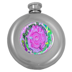 Groovy Pink, Blue And Green Abstract Liquid Art Round Hip Flask (5 Oz) by myrubiogarden