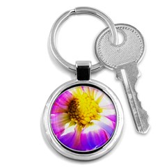 Purple, Pink And White Dahlia With A Bright Yellow Center Key Chains (round)  by myrubiogarden