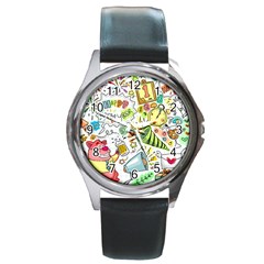 Doodle New Year Party Celebration Round Metal Watch by Pakrebo