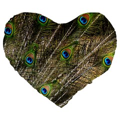 Green Peacock Feathers Color Plumage Large 19  Premium Flano Heart Shape Cushions by Pakrebo