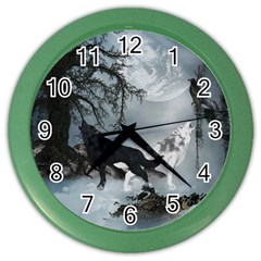 Awesome Black And White Wolf In The Dark Night Color Wall Clock by FantasyWorld7