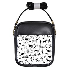 Petroglyph Runic Cavemen Nordic Black Paleo Drawings Pattern Girls Sling Bag by snek