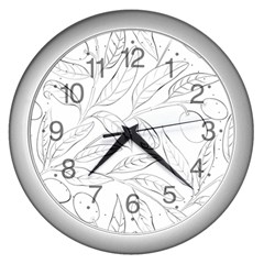 Organic Olive Leaves Pattern Hand Drawn Black And White Wall Clock (silver) by genx