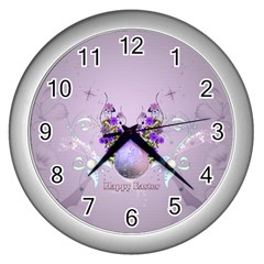 Happy Easter, Easter Egg With Flowers In Soft Violet Colors Wall Clock (silver) by FantasyWorld7