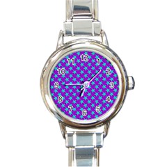 Turquoise Stars Pattern On Purple Round Italian Charm Watch by BrightVibesDesign